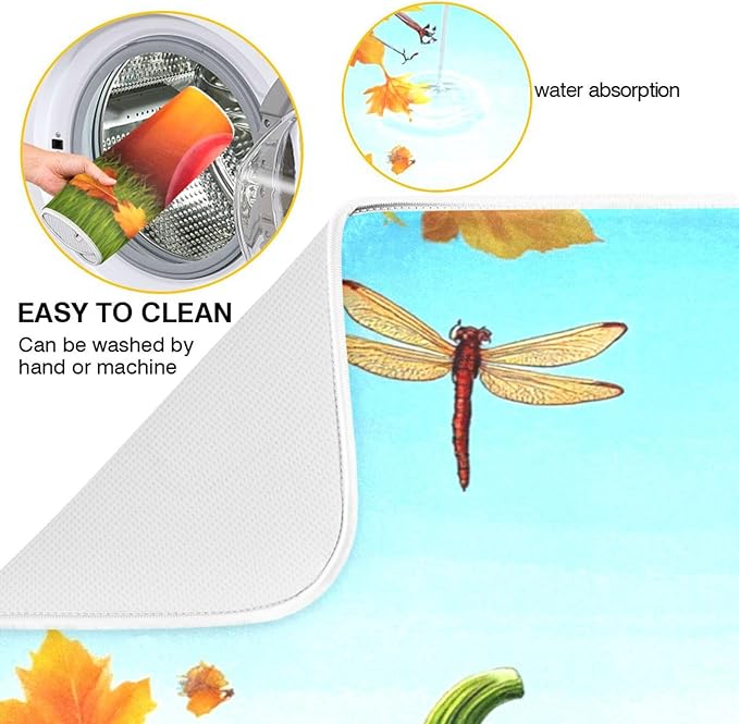 Autumn Thanksgiving Day Pumpkins Maple Dish Drying Mat for Kitchen Counter 18 x 24 Inch Flowers Dragonfly Leaves Dry Dishes Pads Mats Absorbent Countertops Counter Tableware Mat Protector Home Decor