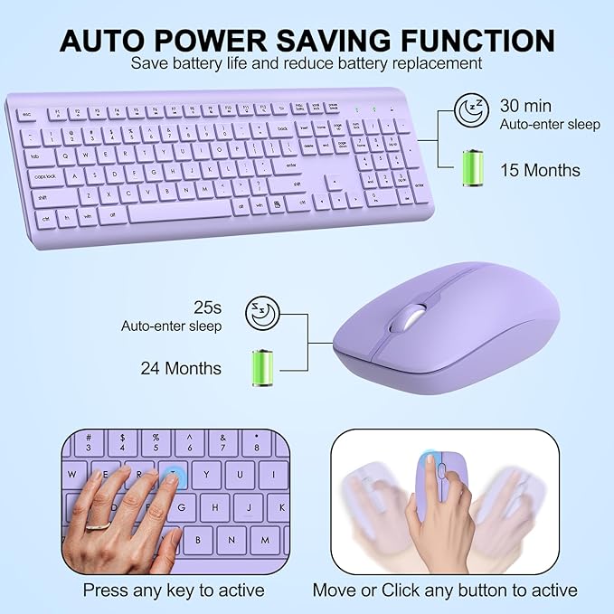 Wireless Keyboard and Mouse Combo, Full Size Silent Ergonomic Keyboard and Mouse, Long Battery Life, Optical Mouse, 2.4G Lag-Free Cordless Mice Keyboard for Computer, Mac, Laptop, PC, Windows(Purple)