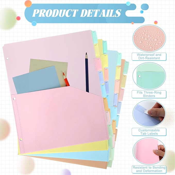 32 Pcs/4 Sets 8 Tab Binder Dividers with Pockets Plastic Tabs Dividers for 3 Ring Binder with Pockets Colorful Sturdy Subject Notebook Divider for Office School Home Business Organizer (Pastel)