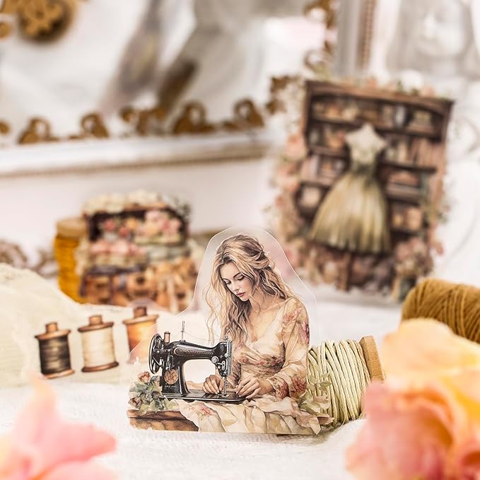 90Pcs Retro Sewing PET Stickers, Vintage Ephemera for Scrapbooking, Journaling Supplies, DIY Crafts, and Junk Journals, with Organizer