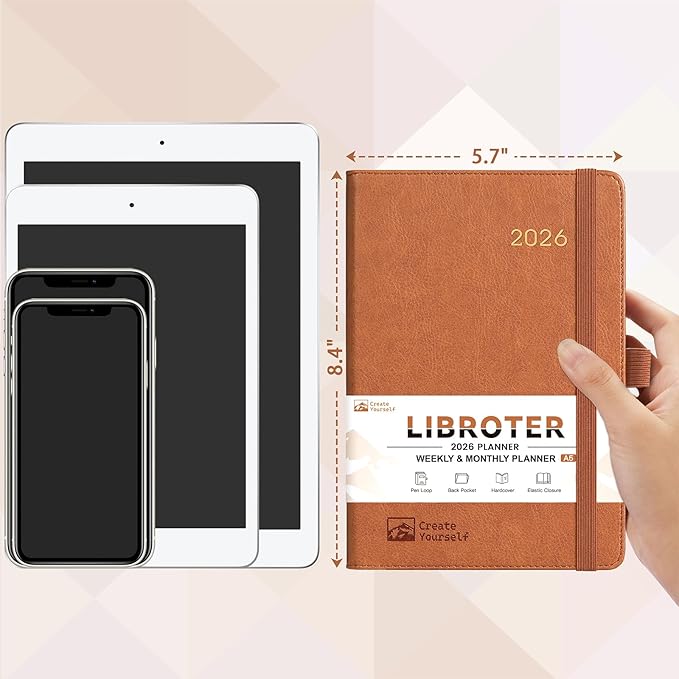 2026 Planner - Planner 2026, 2026 Weekly Monthly Planner, Jan.2026 - Dec.2026, 5.7'' x 8.4'', Thick Paper, Leather Cover, Pen Holder, Back Pocket, Bookmarks, Perfect Daily Organizer - Brown