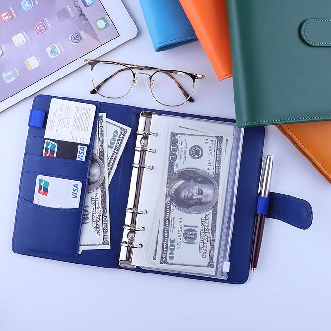 Antner A6 Budget Binder with Zipper Cash Envelopes for Money Organizer & Budgeting, PU Budget Planner Money Saving Binder with Cash Stuffing Envelopes & Labels for Home Office Travel, Navy Blue
