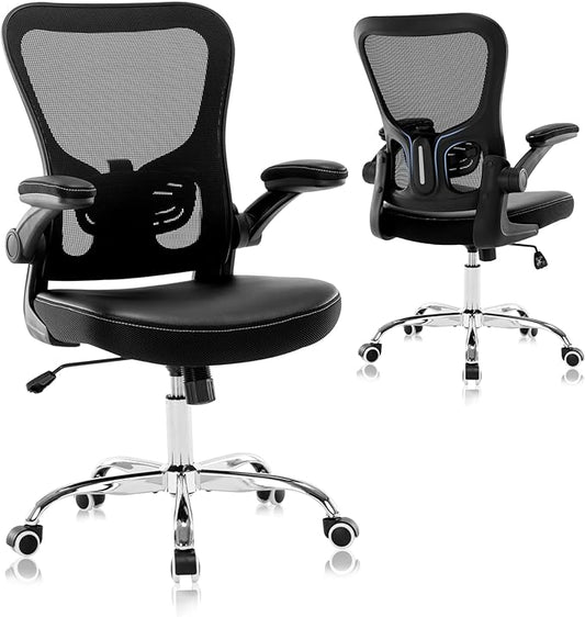 Office Chair, Mesh Ergonomic Desk Computer Chair with PU Leather Flip-up Armrest, Home Task Chair with Lumbar Support, Adjustable Executive Mid Back, Rolling Swivel,Black