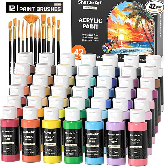 Shuttle Art Acrylic Paint, 42 Colors Acrylic Paint Set with 12 Brushes, 2oz/60ml Bottles, Rich Pigmented, Water Proof, Premium Paints for Artists, Beginners and Kids on Canvas Rocks Wood Ceramic