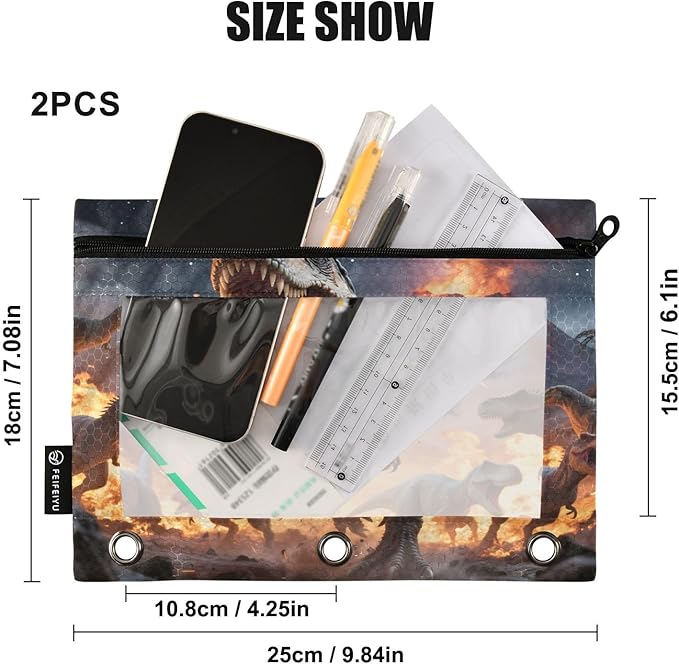 Dinosaurs Roar Pencil Pouch for 3 Ring Binder, 2 Pack Waterproof Pencil Bags Clear Window Zipper School Office Supplies