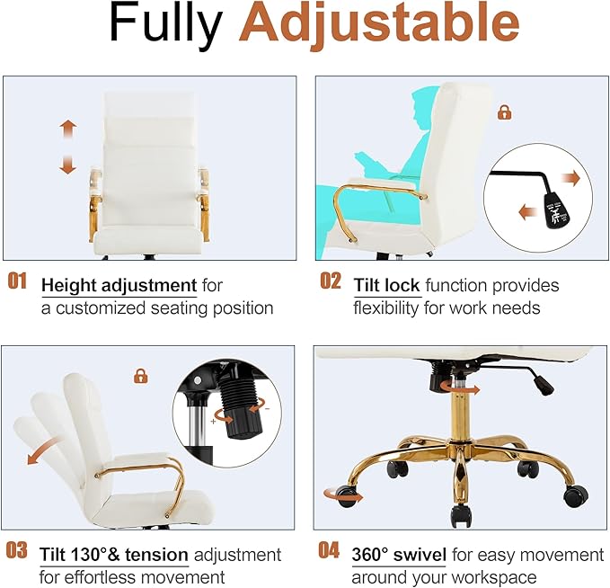 Office Desk Chair,Modern Leather Conference Room Chairs,High Back Home ofiice Chair,Adjustable Height Swivel Executive Computer Chair with Padded Seat and Armrest (White with Gold Frame)