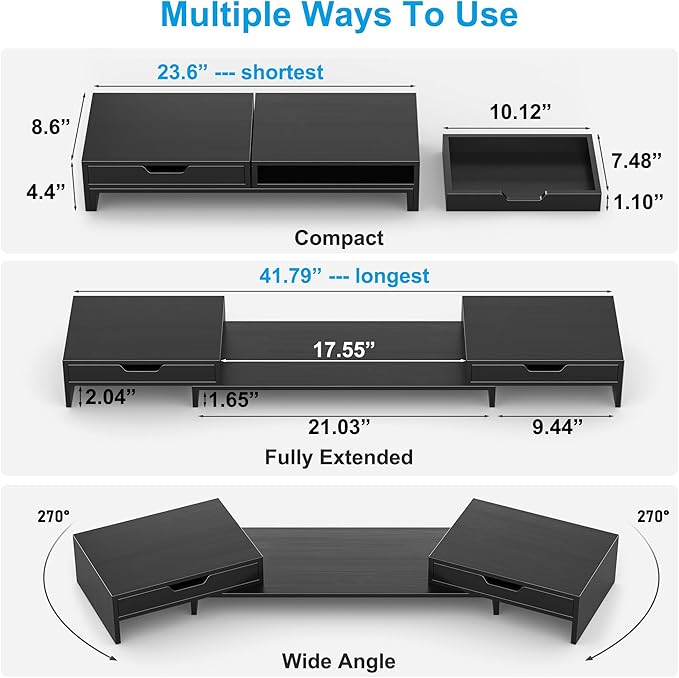 Dual Monitor Riser with Two Drawers for Desk, Bamboo Monitor Stand Riser with Storage, Desk Shelf for Computer, IMac & Laptop, No Assembly Required, Black