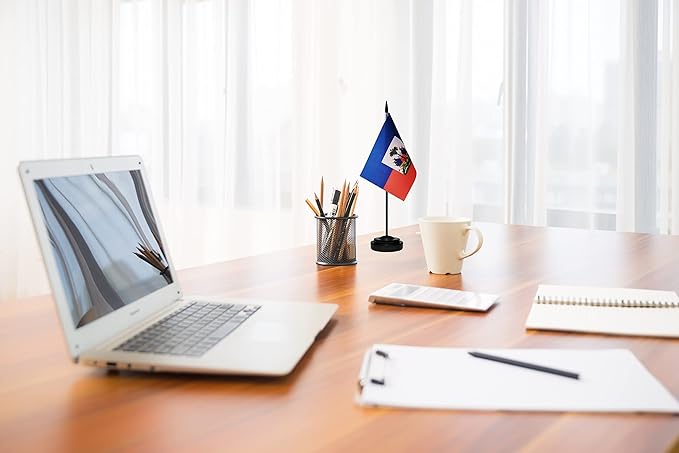 Haiti Haitian Deluxe Desk Flag Set Small Mini Miniature Haiti Haitian Table Desktop Flags With Solid Pole, Black Base and Spear Top(2 Pack)