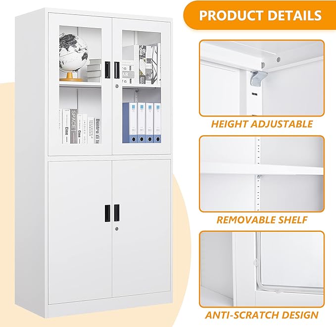 STANI Metal Storage Cabinet, Locking Steel Cabinet with Shelves, Tall Metal Utility 2 Doors, Lockable Steel Cabinets for Home Office (4 Doors, White)