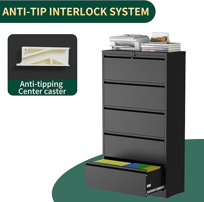 5 Drawer Lateral File Cabinet with Lock, Metal File Cabinets for Home Office, Steel Heavy-Duty Filing Storage Cabinet for Letters/Legal/A4 (Require Assembly, Black)