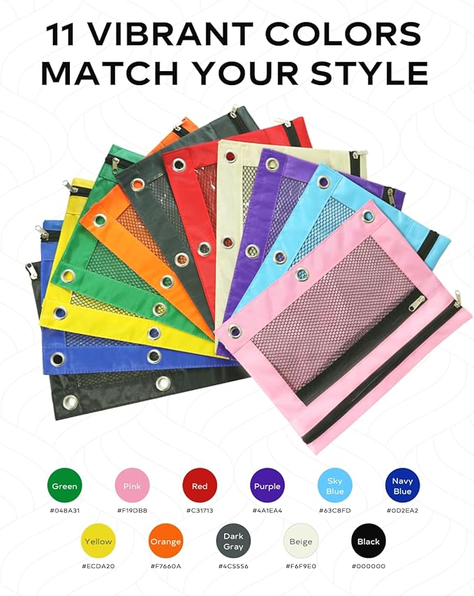 3 Ring Binder Pencil Pouch - School Pencil Case with 2 Zippered Pockets, Clear Mesh Window Pencil Bag, B5 Size, Back to School Gifts (Red)