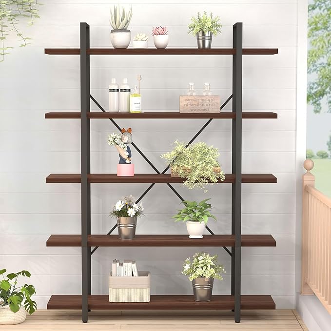 HSH Walnut 5 Tier Bookshelf, Tall Bookcases and Book Shelves 5 Shelf, Large Industrial Metal Wood Display Book Shelf Storage Rack, Rustic Open Bookcase Bookshelves for Bedroom Living Room Office