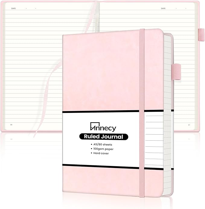 Annecy Lined Journal Notebook, Hardcover Leather Journal for Women & Men, 160 Numbered Pages, Medium 5.5" x 8.25", 100 GSM Thick Paper, Pink