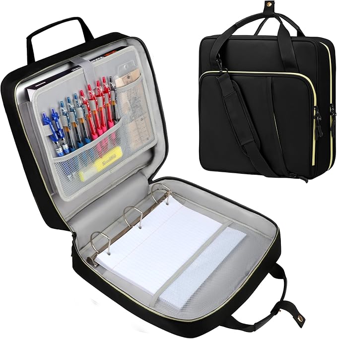 3 D-Ring Zipper Binder 2 inch with Shoulder Strap, Waterproof Oxford Binder with Zipper Storage 500 Sheets Capacity, Multi-Pockets Organizer Bag for 13 in Laptop School& Office Supplies Black
