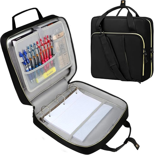 3 D-Ring Zipper Binder 2 inch with Shoulder Strap, Waterproof Oxford Binder with Zipper Storage 500 Sheets Capacity, Multi-Pockets Organizer Bag for 13 in Laptop School& Office Supplies Black