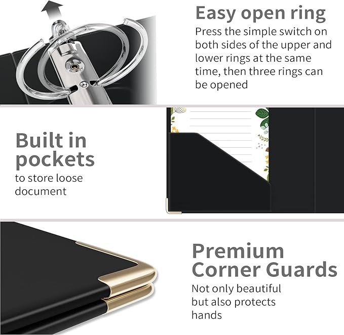 Ospelelf Mini 3 Ring Binder 2 Inch With 5 Tab Dividers, File Folder Labels and Low Profile Clipboards - Cute Black for 5.5" x 8.5" School and Office Supplies