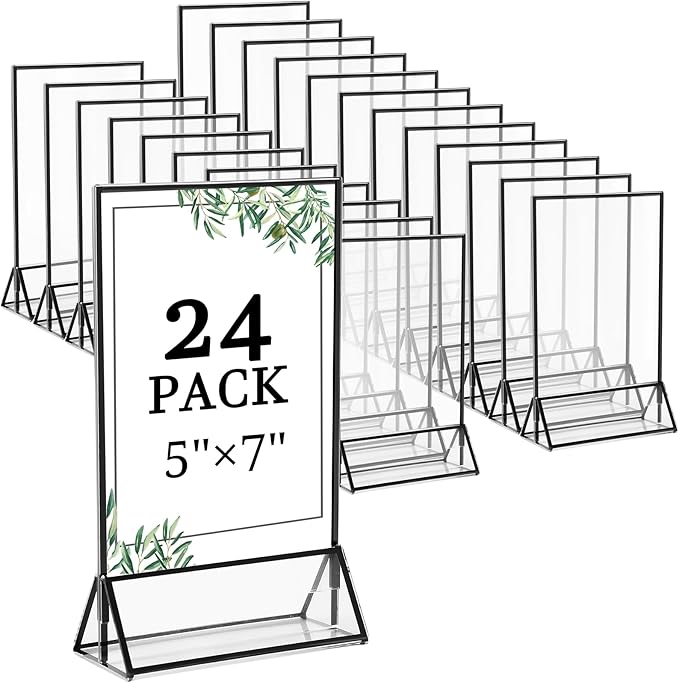 Floroom 24 Pack 5x7 Inch Clear Acrylic Sign Holders, Double-Sided Black Display Stand Picture Frames for Table Numbers, Menus, Flyers, Weddings, and Offices
