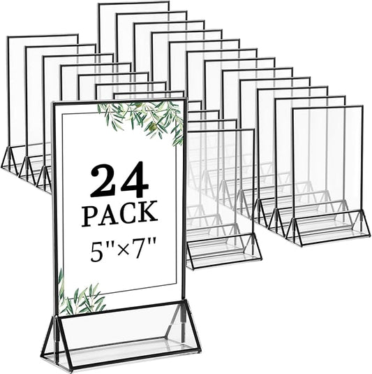 Floroom 24 Pack 5x7 Inch Clear Acrylic Sign Holders, Double-Sided Black Display Stand Picture Frames for Table Numbers, Menus, Flyers, Weddings, and Offices