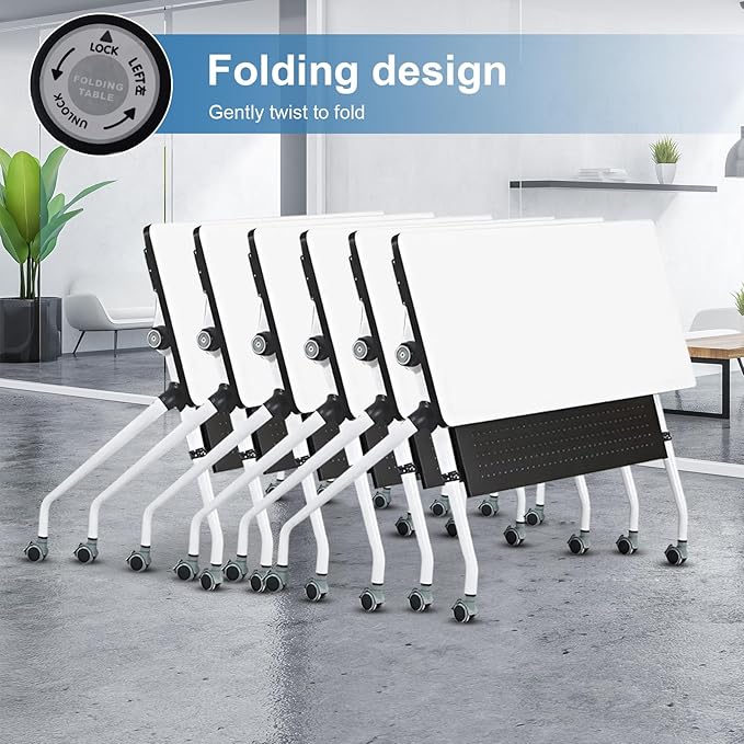 Conference Table, Folding Conference Room Tables, Mobile Training Tables with Silent Wheels, Large Rectangular Modular Seminar Table Office Computer Desks for Classroom White (10Pack L70.9in)