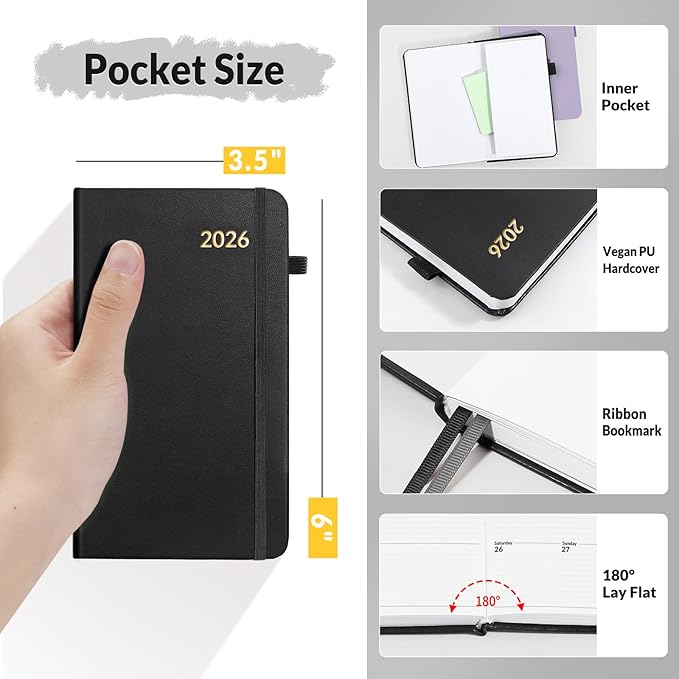 SUNEE 2026 Pocket Weekly Planner for Purse 3.5" x 6" - 12 Month (January 2026 - December 2026), Small Size Planner, Hardcover, Notes, Pocket, 100 GSM Paper, Black