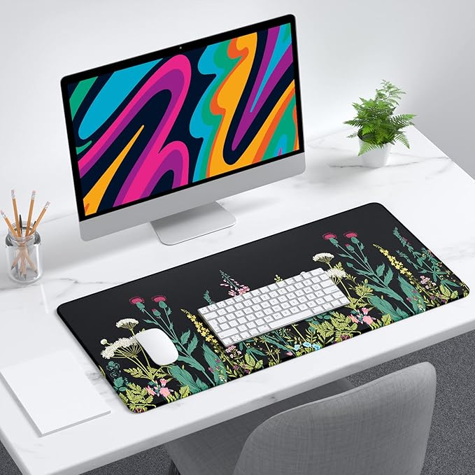 Desk Mat, 32" x 12" XXL Extended Large Gaming Mouse Pad, Desktop Decor Desk Pad, Cute Men Women Office Supplies and Accessories, XL Mouse Mat for Laptop & Keyboard, Black Flower