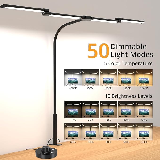 Desk Lamp, Clamp Desks Lamps for Home Office, 24W Flexible Gooseneck Table Lamp, 10 Color Modes & Brightness Eye-Caring Desk Light w/USB Adapter (12V2A Black)