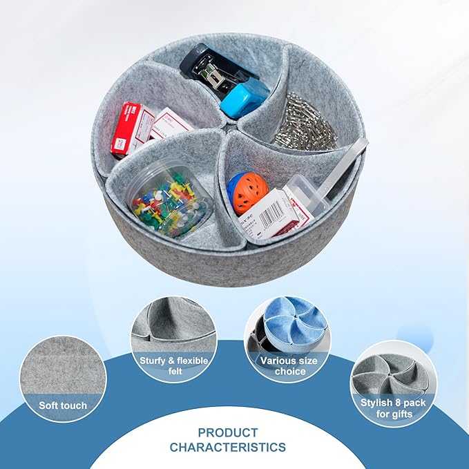 Felt Desk Drawer Organizer Tray,8 Pack Office Desk Drawer Dividers,Felt Drawer Round Storage Box For Saving Space,Makeup Drawer Organizer Bins.(Light Gray)