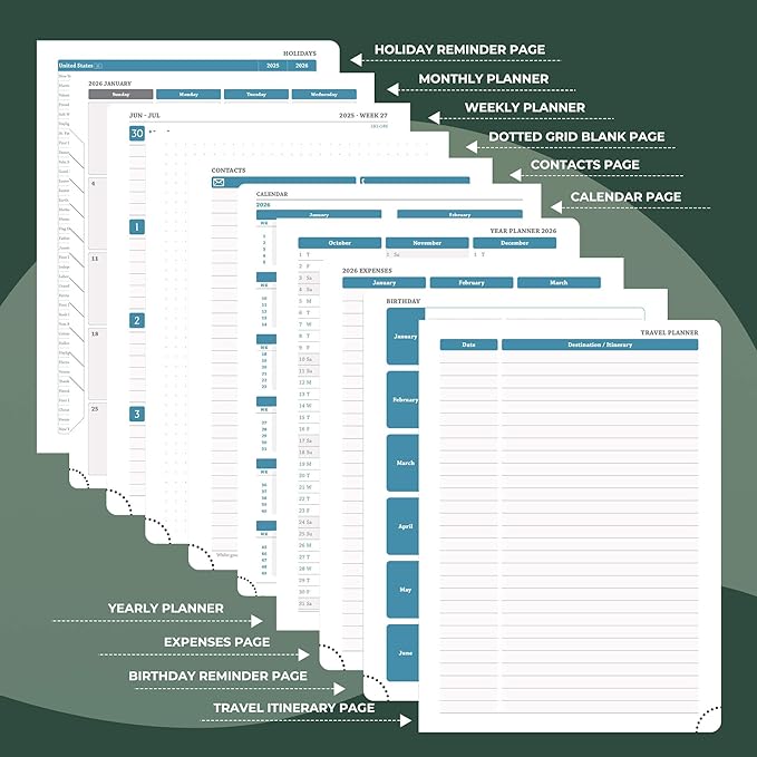 Planner 2026 Daily Weekly and Monthly,11.5"x8.5",12 Months Spiral Bound Calendar Agenda with Self-adhesive Pen Holder,2026 Appointment Book with Vegan Leather Soft Cover,Green