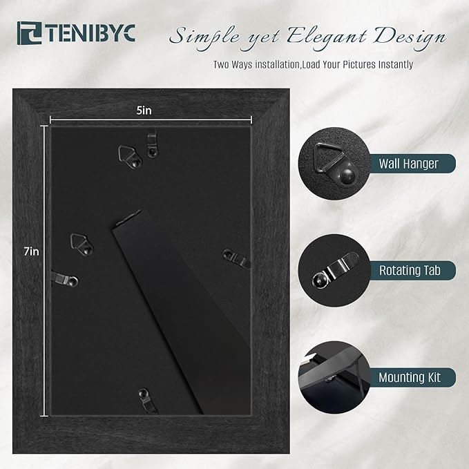 5x7 Picture Frame 4 Pack, Black Wood Photo Frame, HD Tempered Glass, Table Display or Wall Hanging
