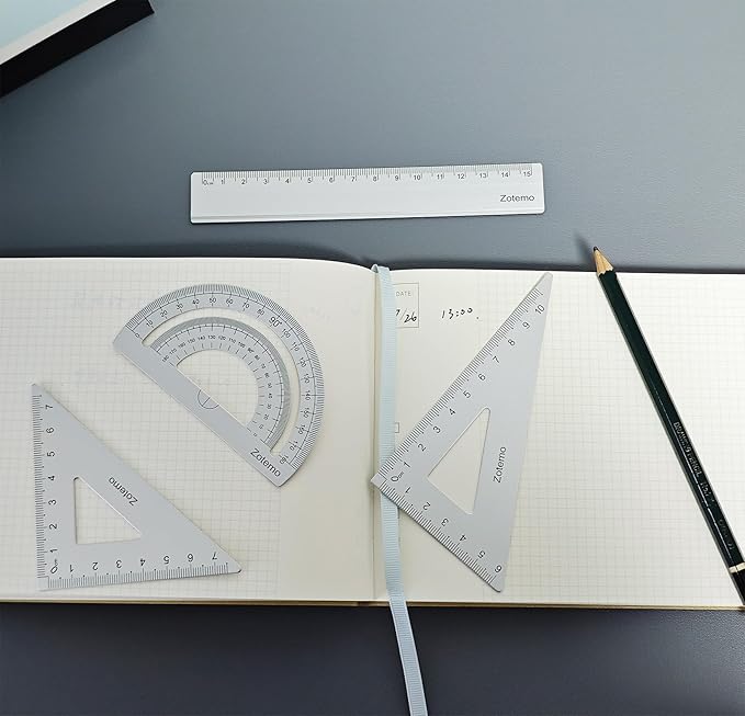 Geometry Ruler Set for Students, Metric Measurement 4-Piece Metal Math Drafting Kit with Non-Slip Design 15 cm Straightedge Ruler, 180° Protractor & 2 Triangles for School Kids (Silver)