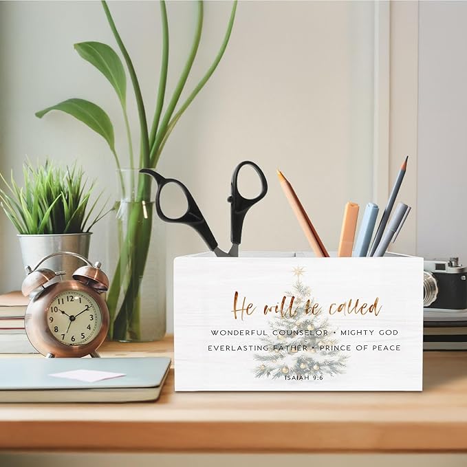 Christmas Tree Christian Pen Holder for Desk, He Will Be Called Bible Verse Wooden Box Sign Desk Decor for Home Office Decoration, Religious Pencil Organizer, Christian Christmas Decor