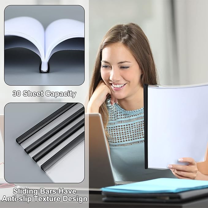 Thenshop 100 Pcs Clear Report Covers with Sliding Bars Sliding Bar File Folder Binder Plastic Report Folder for File Paper Book Resume Letter Office, 30 Sheet Capacity(Black)