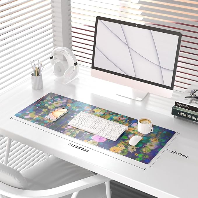 QIYI Large Desk Pad, Waterproof PU Leather Mouse Pad for Desktop, Blue Green Floral Home Décor Office Desk Accessories, Non Slip Desk Mat Writing Pads for Home Office 31.5" x 11.8" - Ivy Flowers