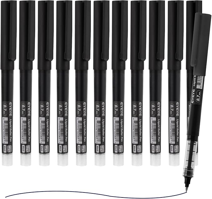 EYEYE Rollerball Pens Black 12 Pack, 0.7mm Fine Point Rollering Ball Pen Quick Dry, Liquid Ink Pens Fine Point Smooth Writing Pen for Journaling, Note Taking, Office and School Supplies