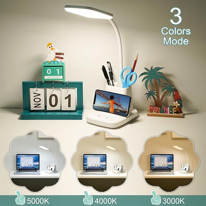 LED Desk Lamp with Wireless Charger, Sailstar White Desk Light with Pen Holder, 3 Color Modes with Stepless Dimming, CRI 85, 800 Lumen, Study Lamps for College Dorm Room, Home Office, Adapter Included