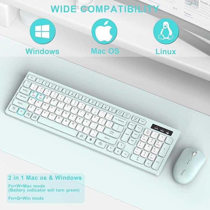 Silent Keyboard and Mouse Combo Wireless,ful-Sized Wireless Keyboard and Adjustable DPI Mouse, 2.4GHz USB Receiver, Keyboard and Mouse for PC, Windows, MAC, Desktop, Laptop (Mint Green-B)