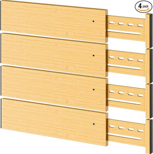 Bamboo Drawer Dividers 4" High, 16.5-22" Adjustable Drawer Organizers for Clothes,Expandable Dresser Separators in Bedroom/Kitchen/Bathroom/Office Organization and Storage,4 Pack
