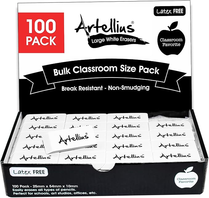 Artellius White Erasers - Large Size Latex & Smudge Free - Bulk School Supplies for Classrooms, Drawing, Teachers, Homeschool, Office, Art Class - Pack of 100 - Teacher Supplies