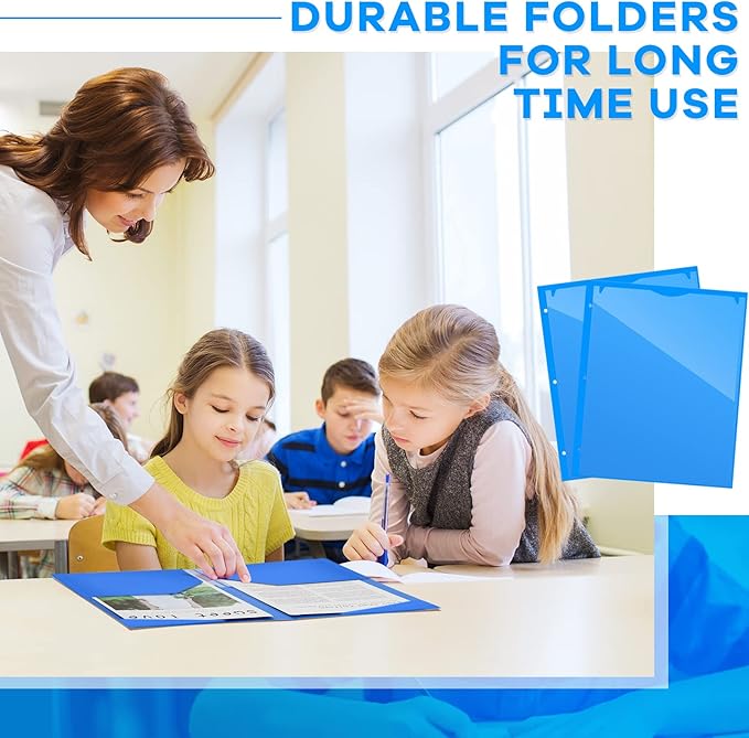 Henoyso 36 Pcs 2 Pocket Plastic Folders with Clear Front Pocket 3 Hole Punched File Folder Letter Size Take Home Documents Holder for Paper Holder Office Business Back to School Supply (Blue)