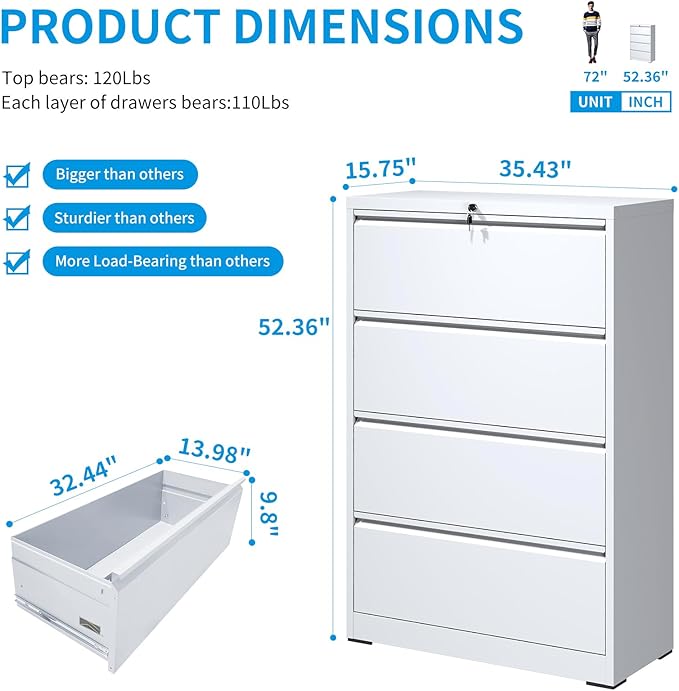 4 Drawer Lateral File Cabinet with Lock, Metal Lateral Filing Cabinet for Home Office, Steel Wide Horizontal Filing Cabinets for Letter/Legal/A4/F4 Hanging Files (White)