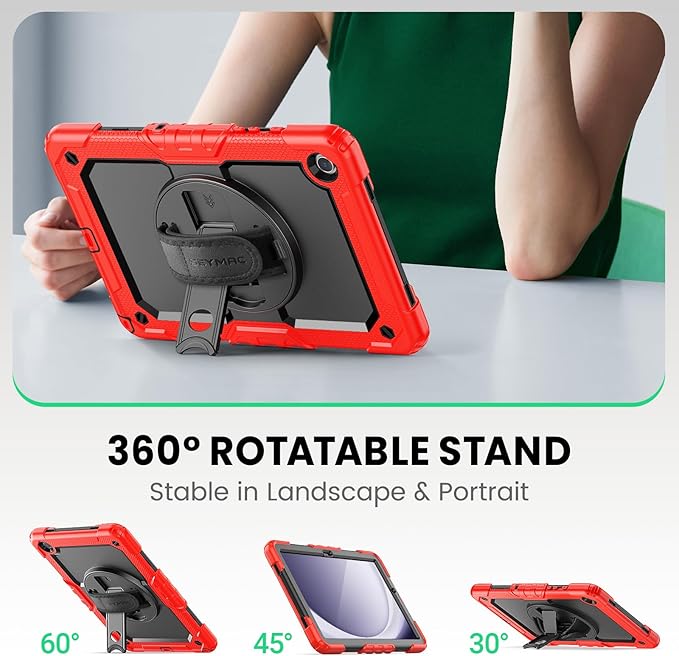 SEYMAC Case for Samsung Galaxy Tab A9+/ A9 Plus 11" (SM-X210/X216/X218), Heavy Duty Shockproof Protective Case with Screen Protector, Rotating Stand, Hand/Shoulder Strap and Pen Holder, Red