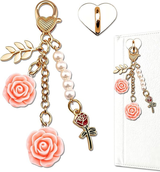 Rose Purse Charms Cute Flower Keychain With Heart Sticker Charm Chain For Kindle Colorful Bag Charms For Handbags