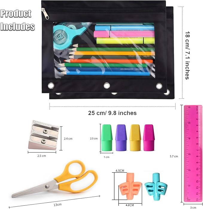 Pencil Pouch 3 Ring, School Supplies Back to School Essentials Kits for Girls Kids Boys Middle Kindergarten 2 Pack