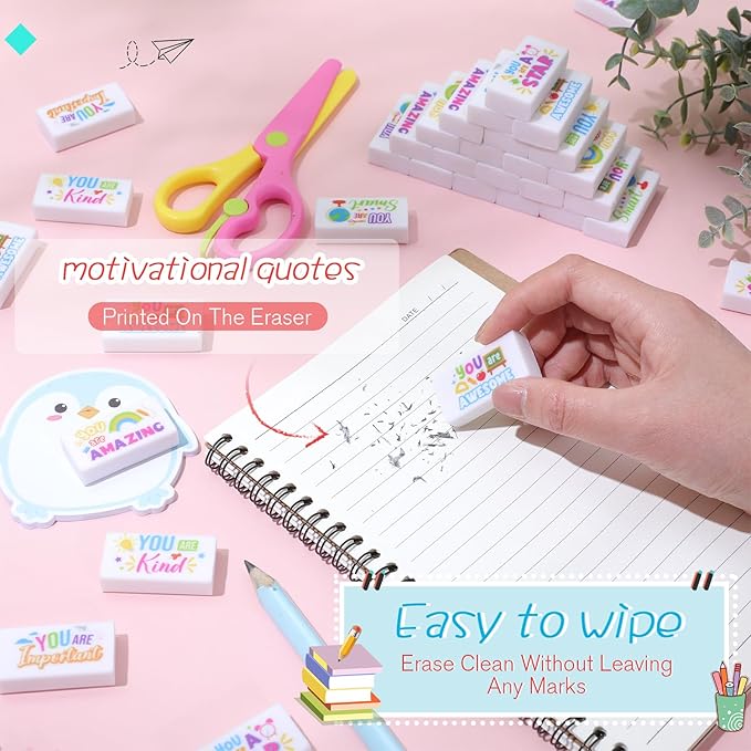 180 Pcs Inspirational Erasers for Kids Christian Pencil Erasers Bulk, Back-to-School Gifts Motivational and Cute Supplies for Students Classrooms, Drawing(White,Inspirational)