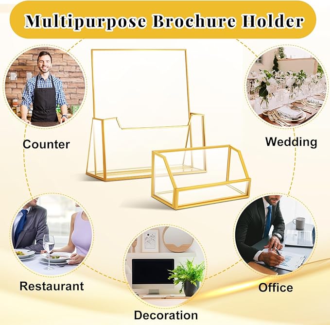 4 Pcs Glass Display Stand Set 2 Gold Glass Brochure Holder Stand 2 Gold Business Card Holder for Office Desktop Countertop Name Card Magazine Literature Journal(8.5 x 11'')