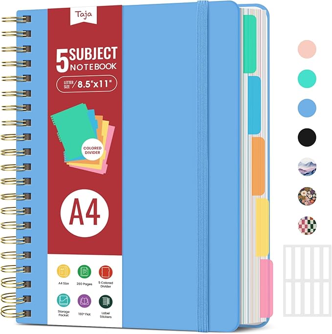 Hardcover Spiral Journal Notebooks for Work With Removable Dividers & Tabs, 8.5"x11" 5 Subject Notebook for Note Taking & Organizer, A4 College Ruled Lined Journal for Women & Writing, Mist, 280 Pages