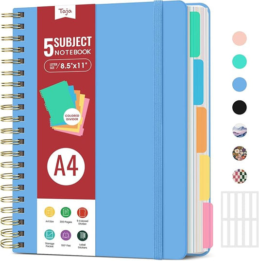 Hardcover Spiral Journal Notebooks for Work With Removable Dividers & Tabs, 8.5"x11" 5 Subject Notebook for Note Taking & Organizer, A4 College Ruled Lined Journal for Women & Writing, Mist, 280 Pages