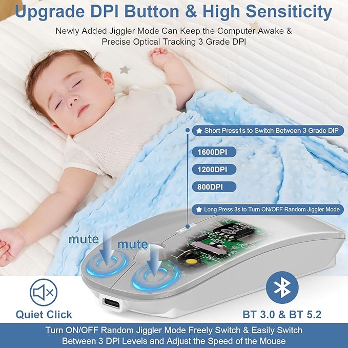 Mouse for Laptop Wireless Bluetooth - MacBook Air Mac Pro PC iPad Optical Rechargeable Silent Mouse with Jiggler Dual Mode Switch Bluetooth 5.2/3.0 and 2.4GHz USB-A and Type-C Receiver Silvery