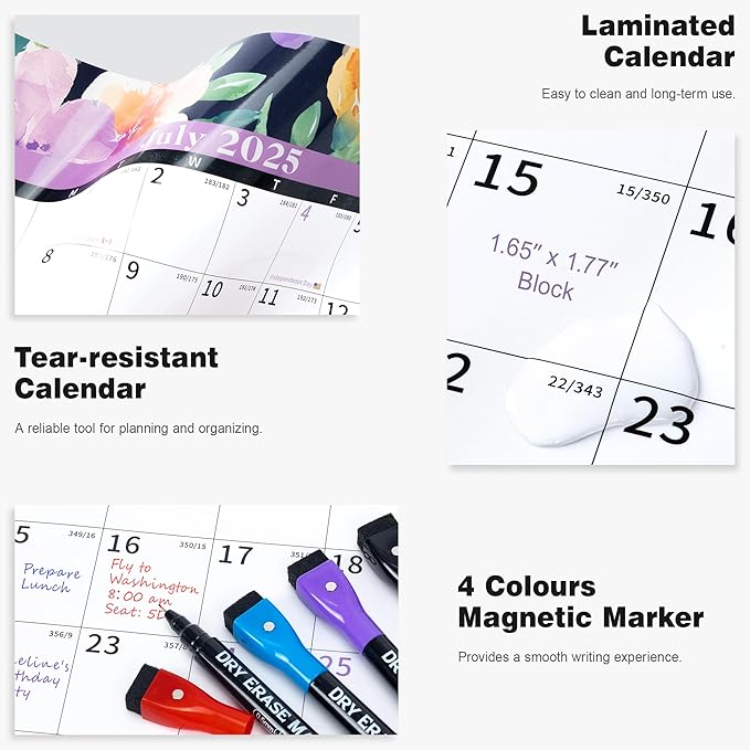 Ospelelf 32'' x 48'' Large Dry Erase Calendar for Wall 2025-2027, 2 Year Laminated Calendars Monthly Family Calendar for Office, Use July 2025 - June 2027 (Floral)