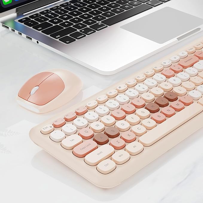 Wireless Keyboard and Mouse Combo, Retro Typewriter Keyboard with Round Keycaps, Full-Size Ergonomic, Brown, Ideal for Windows PC, Home, Office, and College, Wireless Keyboard Mouse Combo